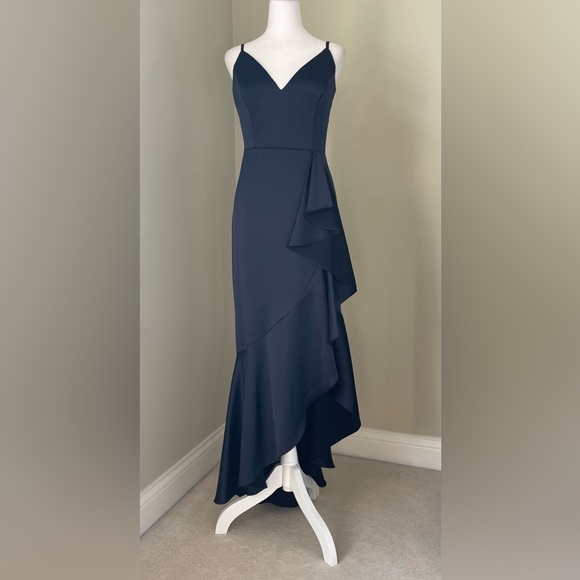 Xscape NWOT Women's Satin Fun Side Ruffle Navy Elegant Dress Size 10 - Picture 5 of 7